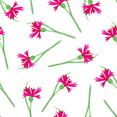 Fototapeta na wymiar Seamless floral pattern made of clove pink, carnations. Hand drawn watercolor background on white. Good for textile, paper and card design. 