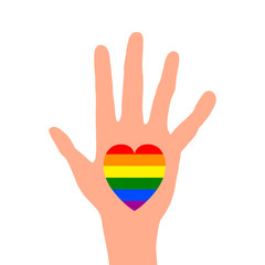 rainbow heart in hand. LGBT rights concept. Against racism, homophobia.Vector illustration for a postcard or a poster, print for clothes. isolated on white background