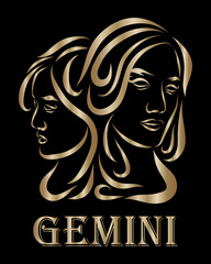 Golden line vector logo of twin women. It is sign of gemini zodiac.