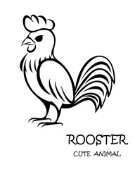 Black Vector illustration cartoon on a white background of a cute rooster. 