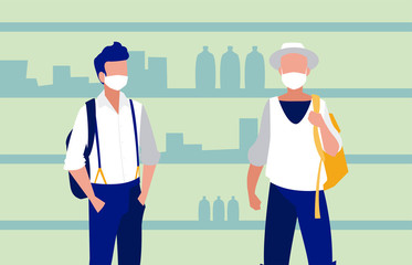 Fototapeta premium Men with masks in the supermarket in front of shelves vector design