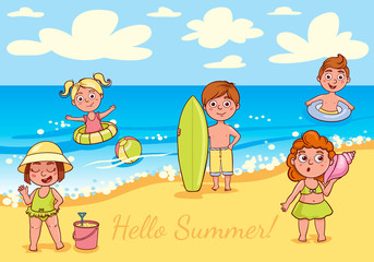 Simple flat illustration of kids on the beach. Cheerful boys and girls are swimming in the sea. 