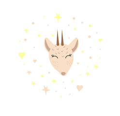 Deer with stars on a white background. Doodle style. Wild animal. Cartoon character. Deer in cartoon style. Vector isolated illustration with an animal. Printing on mugs, postcards, and tableware.