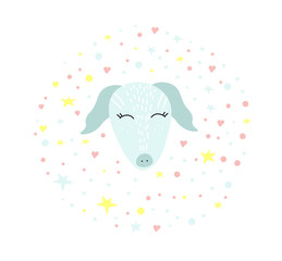 Dog with stars on a white background. Doodle style. Pet. Cartoon character. A dog in a cartoon style. Vector isolated illustration with an animal. Printing on mugs, postcards, dishes, and fabrics.