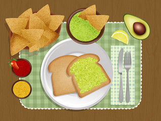 breakfast with guacamole sauce and tortilla chips