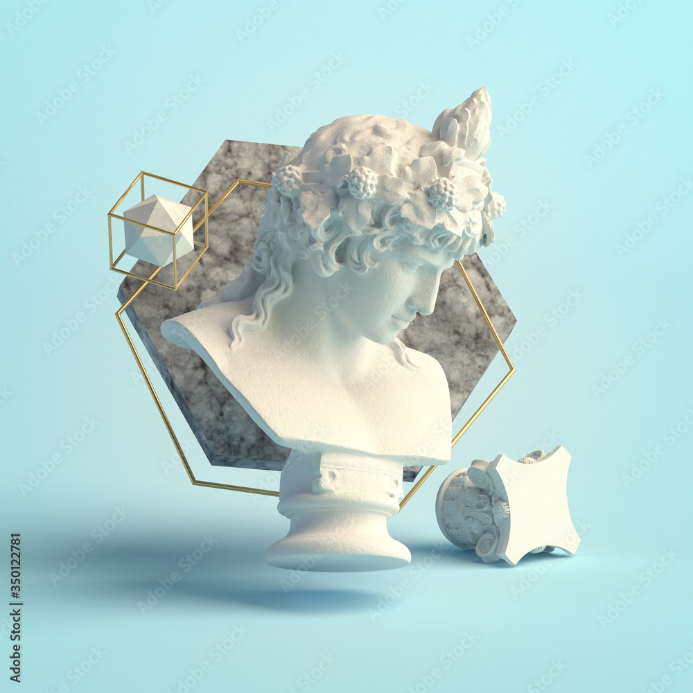 Wall mural 3d-illustration of an abstract composition of dionysus sculpture and primitive objects
