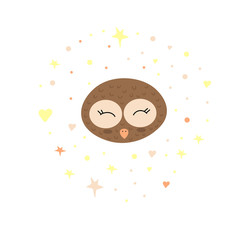 Owl with stars on a white background. Doodle style. Wild bird. Cartoon character. Bird in cartoon style. Vector isolated illustration with an owl. Printing on mugs, postcards, invitation cards.