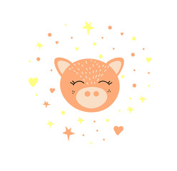 Obraz na płótnie Canvas Pig with stars on a white background. Doodle style. Pet. Cartoon character. Piglet in cartoon style. Vector isolated illustration with an animal. Printing on mugs, postcards, dishes, and fabrics.