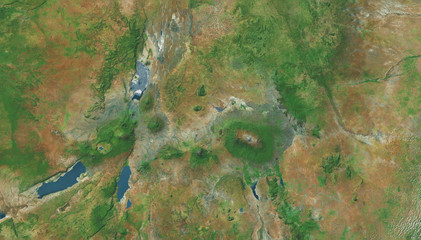 Aerial view of the great rift valley of mountain and volcanoes in Eastern Africa 