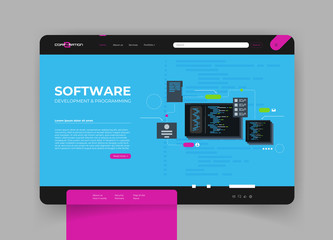 Software development and programming, program code on laptop screen, big data processing, computing isometric