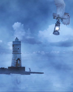 Surreal dreamy imaginary sea landscape whit lighthouse, evening cloudy sky where a white owl steal the light