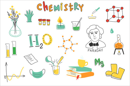 Chemistry. A collection of hand-drawn chemistry images. Chemistry lessons at school. Equipment, formulas, circuits. Modern vector illustration. Flat design. 