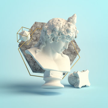 3d-illustration of an abstract composition of Dionysus sculpture and primitive objects