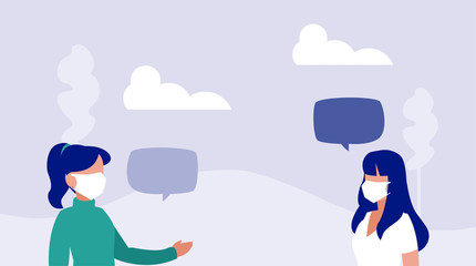 women with medical mask, precautions by coronavirus, social distancing