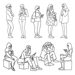 People in medical masks. Vector illustration of masked women in linear style isolated on white background. Respiratory protection. Facial tissue to prevent diseases, flu, pollution. Different poses.