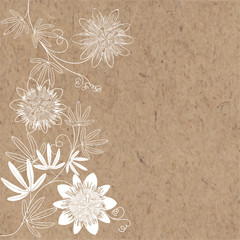 Floral vector background with blooming passionflowers and place for text on kraft paper. Perfect for greeting cards and invitations or an element for your design. Vertical composition.