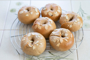 自宅でパン作り　コーヒーベーグル　カッティングボードに乗せている焼きたてのコーヒーベーグル