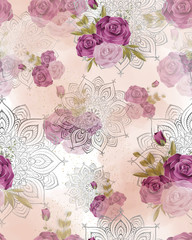pink and purple roses with gray mandala background