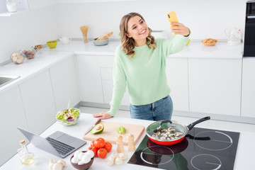 Portrait of her she nice attractive pretty lovely cheerful girl cooking tasty yummy dish avocado using laptop taking making selfie having fun in modern light white kitchen house