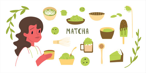 Different food options from matcha tea. Set for making a green drink. Cartoon girl drinks delicious organic tea. Vector illustration isolated on a white background.