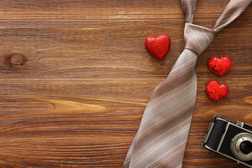 Father's day concept over wooden background. top view, flat lay