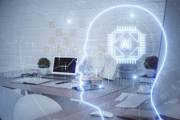 Double exposure of brain drawing and office interior background. Concept of data technology.