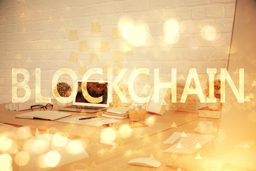 Double exposure of crypto technology theme drawing and office interior background. Concept of...