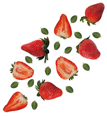 Set of strawberries with leaves on white background. Strawberry fruits are whole and cut in half. Useful ripe fresh strawberries rich in vitamins, natural product. Realistic illustration