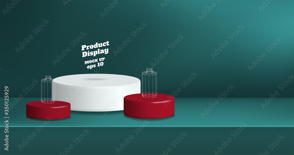 Wall mural Vector product display background,Empty dark blue green gradient with white and red studio round kiosk stand on table, banner with copy space for display of product for promotion advertising