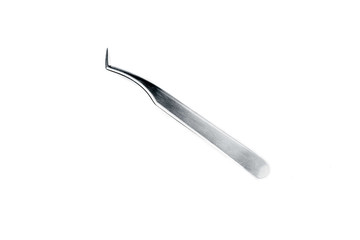 Metal tweezers isolated on a white background. Body care concept. Creative background, copy space.