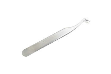 Metal tweezers isolated on a white background. Body care concept. Creative background, copy space.