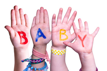Children Hands Building Colorful English Word Baby. White Isolated Background