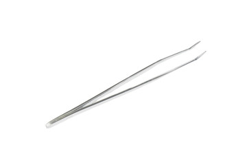 Metal tweezers isolated on a white background. Body care concept. Creative background, copy space.