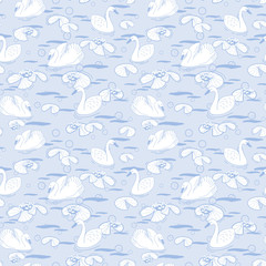 White and pastel purple vector illustration with swans seamless pattern