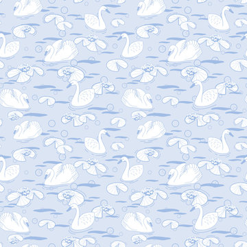 White And Pastel Purple Vector Illustration With Swans Seamless Pattern