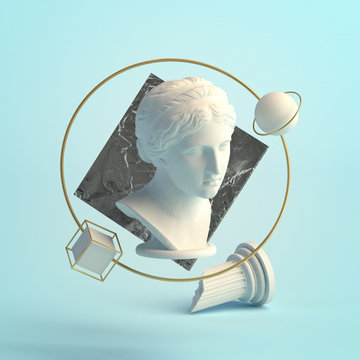 3d-illustration of an abstract composition of Nymph sculpture and primitive objects
