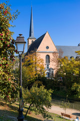 Luxembourg, Luxembourg City, View to the Benediktiner abbey Neumuenster and St. Johannes church