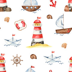 Fototapeta na wymiar Watercolor seamless pattern with a lighthouse, anchor, helm, ships