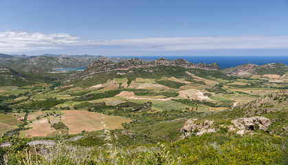 Fototapeta na wymiar Panorama of the Plain of Oletta and the Gulf of Saint Florent as seen from Serra di Pigno, Corsica