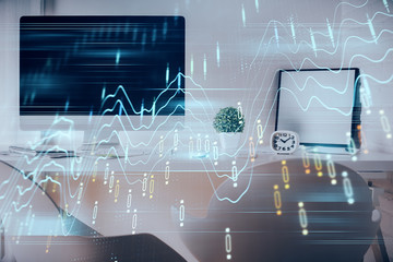 Multi exposure of stock market chart drawing and office interior background. Concept of financial...