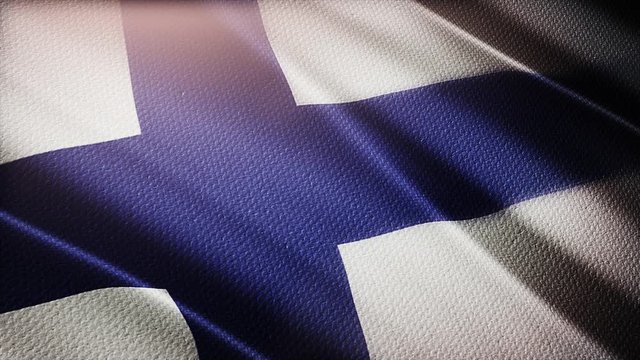 4k Finland National flag slow waving with visible wrinkles in Finns wind blue sky seamless loop background.A fully digital rendering;animation loops at 40 seconds;smooth texture.