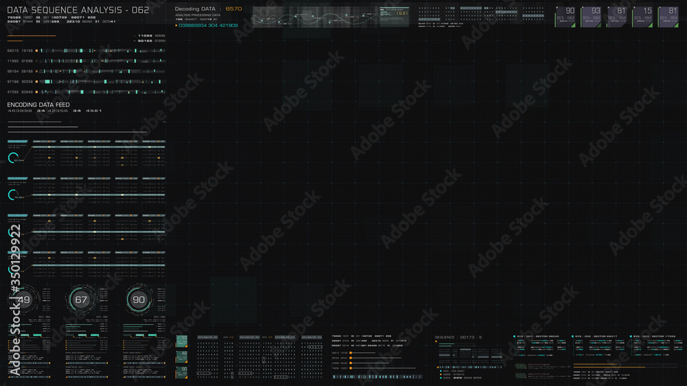 Poster Futuristic hi-tech graphic user interface head up display with digital code and data info graphic telemetry information display for desktop screen background