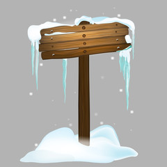 Wooden sign in a snowdrift and icicles. Winter background for messages. Vector illustration in cartoon style. Isolated on a grey background.