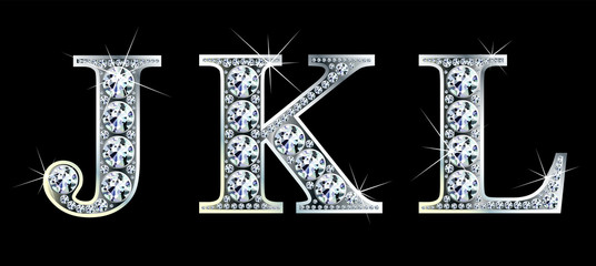Diamond alphabet letters. Stunning beautiful JKL jewelry set in gems and silver. Vector eps10 illustration. - 350130741