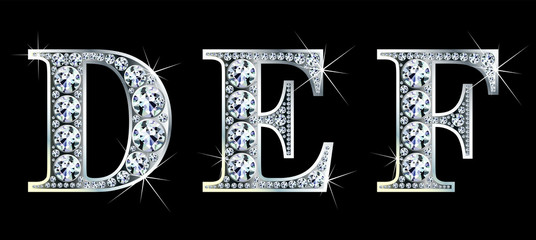 Diamond alphabet letters. Stunning beautiful DEF jewelry set in gems and silver. Vector eps10 illustration. - 350130744