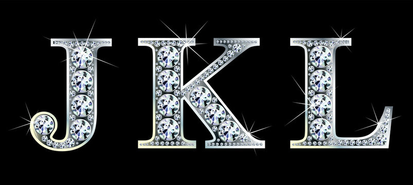Diamond alphabet letters. Stunning beautiful JKL jewelry set in gems and silver. Vector eps10 illustration.