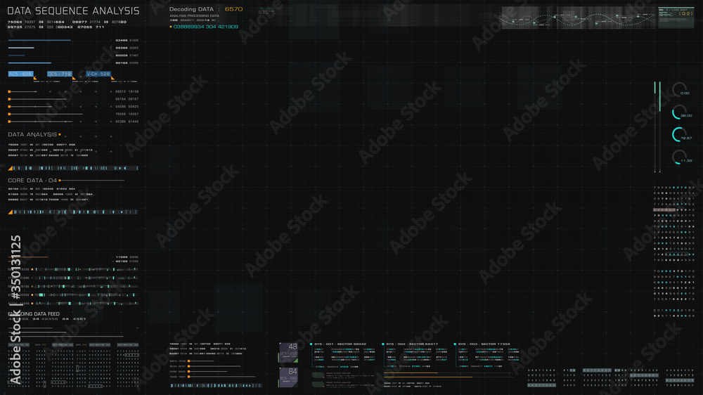 Poster Futuristic hi-tech graphic user interface head up display with digital code and data info graphic telemetry information display for desktop screen background