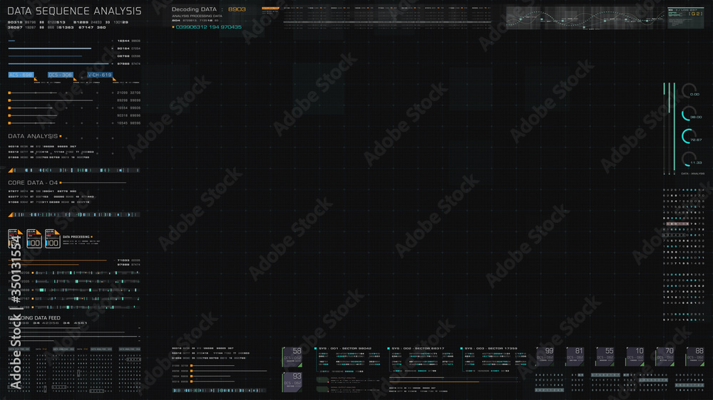 Poster Futuristic hi-tech graphic user interface head up display with digital code and data info graphic telemetry information display for desktop screen background