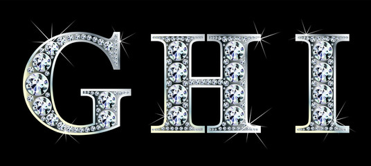 Diamond alphabet letters. Stunning beautiful GHI jewelry set in gems and silver. Vector eps10 illustration. - 350131506