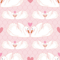 Swan couple with hearts seamless pattern